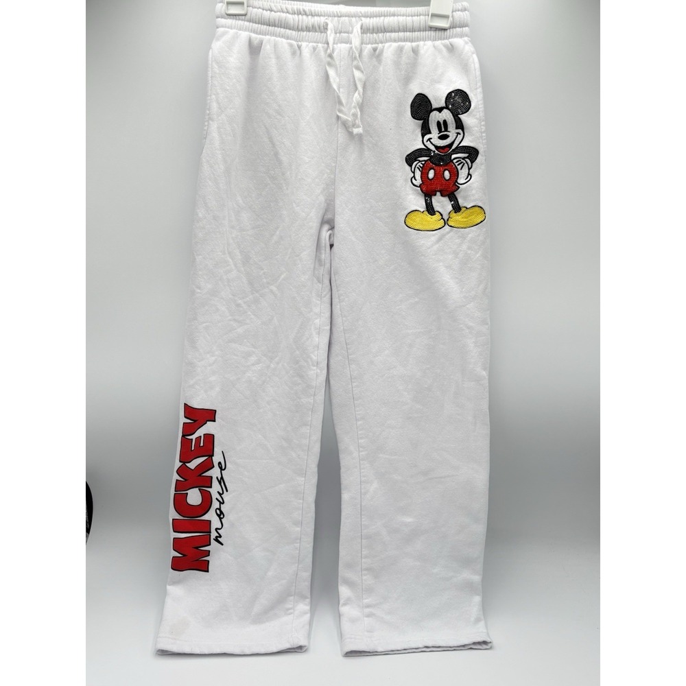 Disney Mickey Mouse Sequin Fleece Sweatpants Women's Small White Lounge 26"